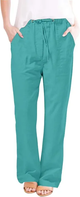 Women's Wide Leg Trousers Fashion Casual Cotton Hemp Drawstring Solid Color Beach Trousers Pants Dress