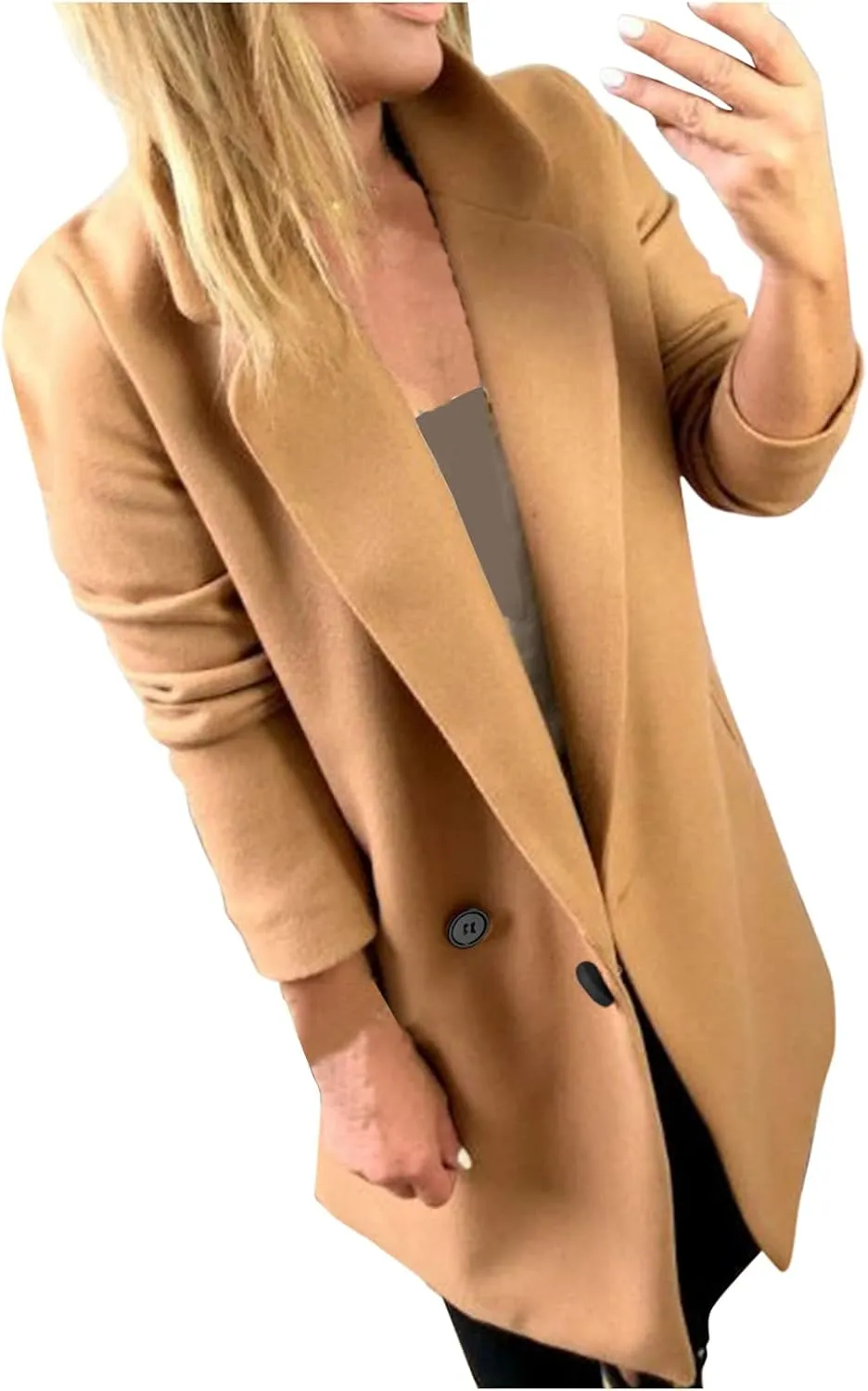 XUETON 2021 Womens Casual Winter Coat Notch Lapel Double Breasted Mid Long Outwear Overcoat Trench Coats Cardigan Jacket