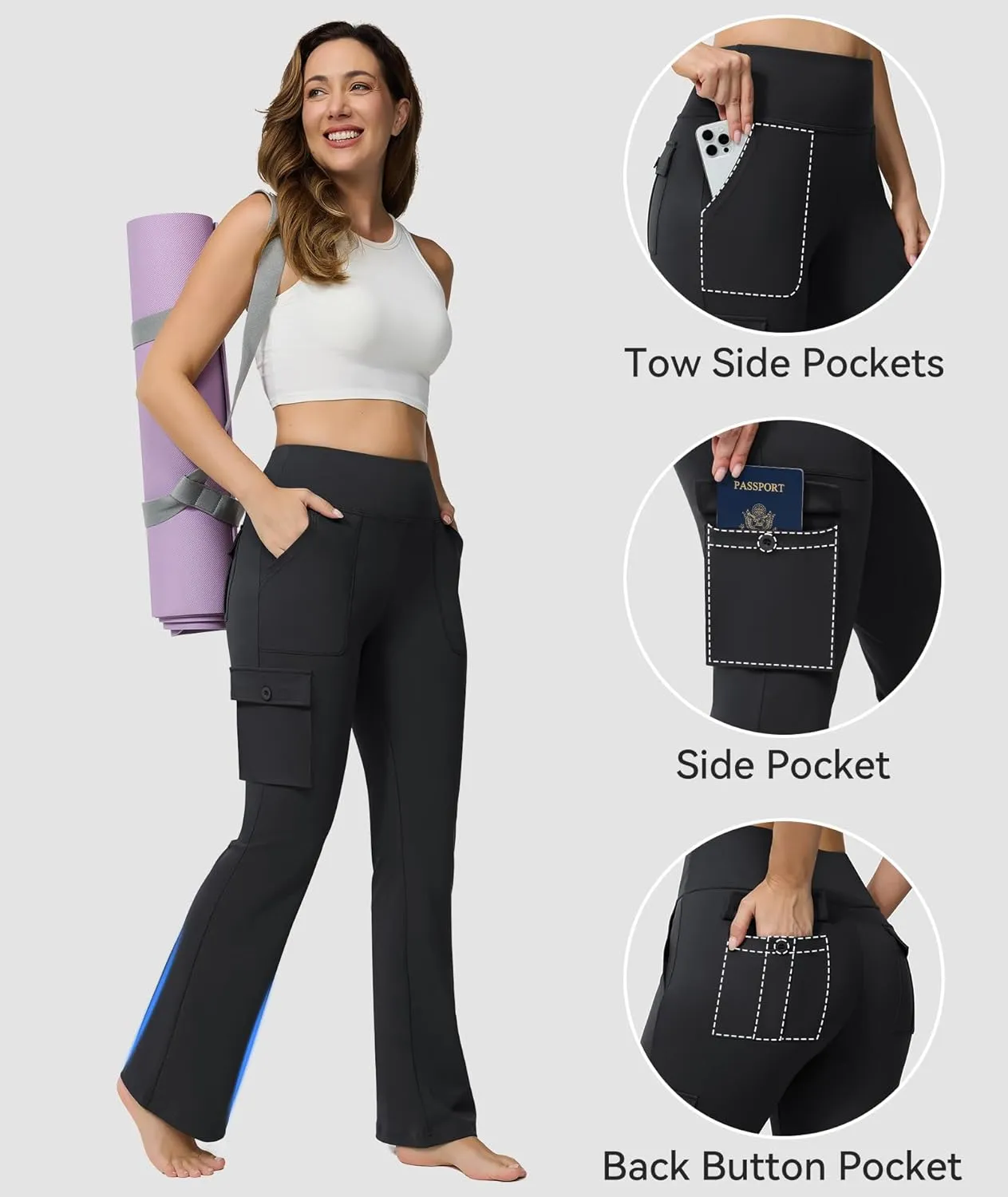 Yoga Flare Leggings for Women High Waisted Yoga Casual Pants Workout Leggings Cargo with 6 Pockets Bootcut Pants
